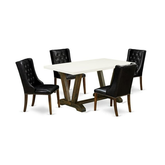 East West Furniture V726FO749-5 5 Piece Dining Room Table Set - 4 Black Pu Leather Mid Century Dining Chairs Button Tufted with Nail heads and Dining Table - Distressed Jacobean Finish