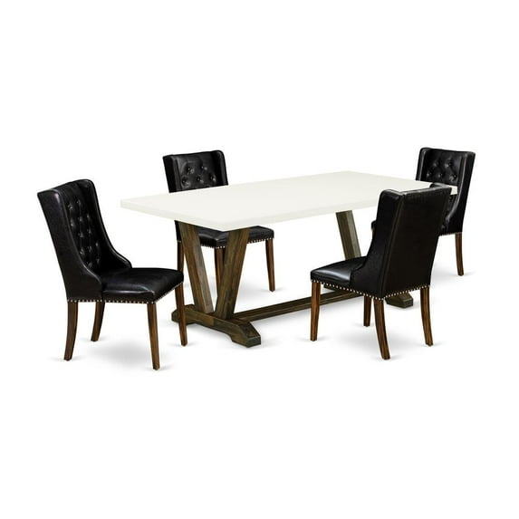 East West Furniture V727FO749-5 5 Piece Dining Room Set - 4 Black Pu Leather Dining Chairs Button Tufted with Nail heads and Dining Table - Distressed Jacobean Finish
