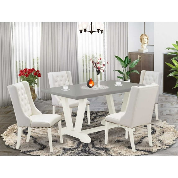 East West Furniture V-Style 5-piece Wood Dining Set in Linen White/Cement