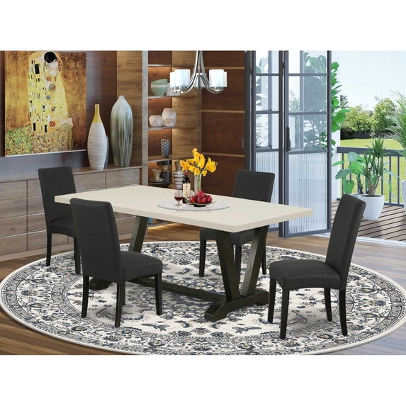 East West Furniture V627DR124-5 5-Piece Dining Room Set- 4 Parson Dining Room Chairs with Black Linen Fabric Seat and Stylish Chair Back - Rectangular Table Top & Wooden Legs - Linen White and...