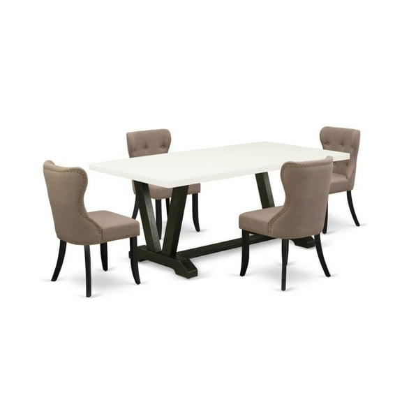 East West Furniture V-Style 5-piece Wood Dining Set in White/Black