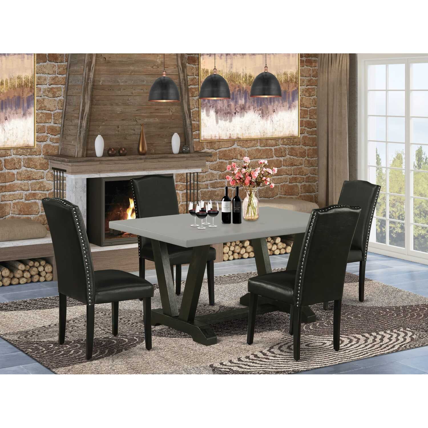 Modern Black and Cement 5-Piece Dining Set with Padded Chairs