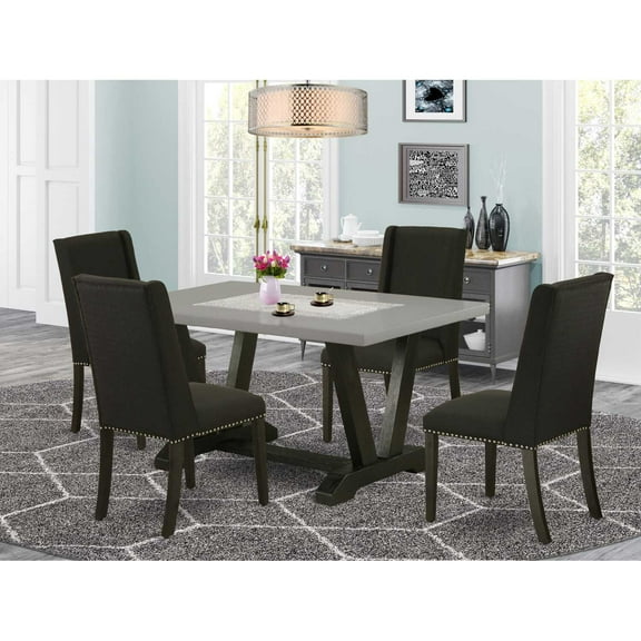East West Furniture V-Style 5-piece Wood Dining Table Set in Black and Cement