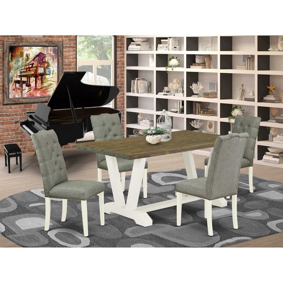 East West Furniture V076EL207-5 5-Piece Dining Set- 4 Dining Chairs with Smoke Linen Fabric Seat and Button Tufted Chair Back - Rectangular Table Top & Wooden Legs - Distressed Jacobean and Linen...