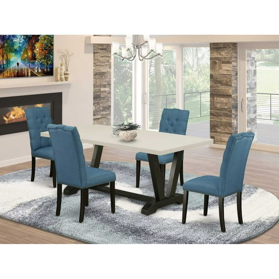 East West Furniture V627EL121-5 5-Piece Beautiful a Superb Linen White Kitchen Table Top and 4 Lovely Linen Fabric Padded Parson Chairs with Nail Heads and Button Tufted Chair Back, Wire Brushed...