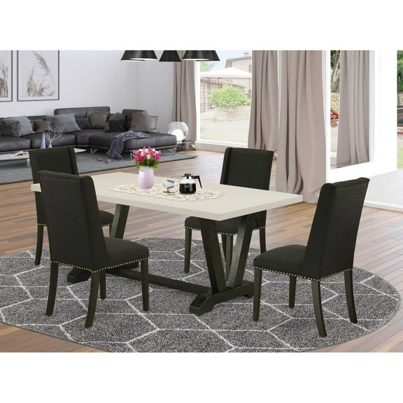 East West Furniture 5-Piece Included 4 Kitchen Dining chairs Upholstered Nails Head Seat and Stylish Chair Back and rectangular dining Dining Table with Linen White Rectangular Dining Table Top -...