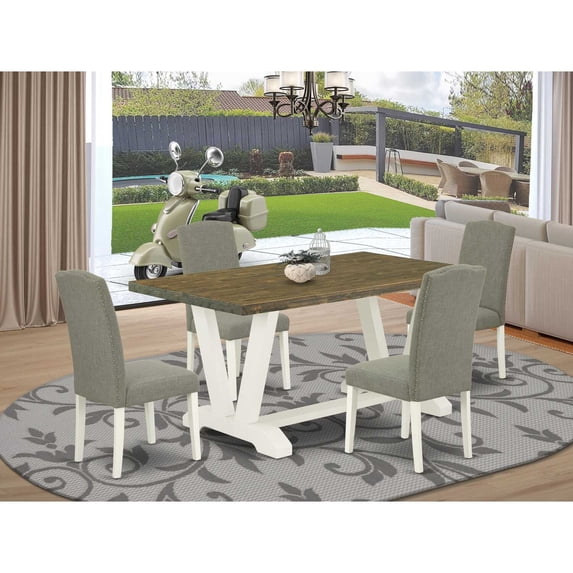 East West Furniture V076EN206-5 5-Piece Modern Kitchen Table Set an Outstanding Distressed Jacobean Wood Dining Table Top and 4 Attractive Linen Fabric Padded Parson Chairs with Nail Heads and...