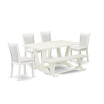 East West Furniture V026MZ001-6 6-Pc Table Set Contains a Dining Table - 4 Cream Dining Chairs and a Wood Bench - Wire Brushed Linen White Finish