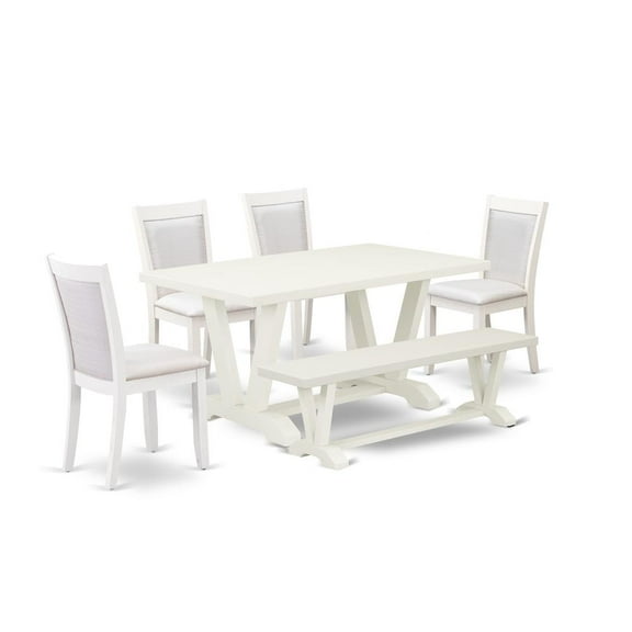 East West Furniture V026MZ001-6 6-Pc Table Set Contains a Dining Table - 4 Cream Dining Chairs and a Wood Bench - Wire Brushed Linen White Finish