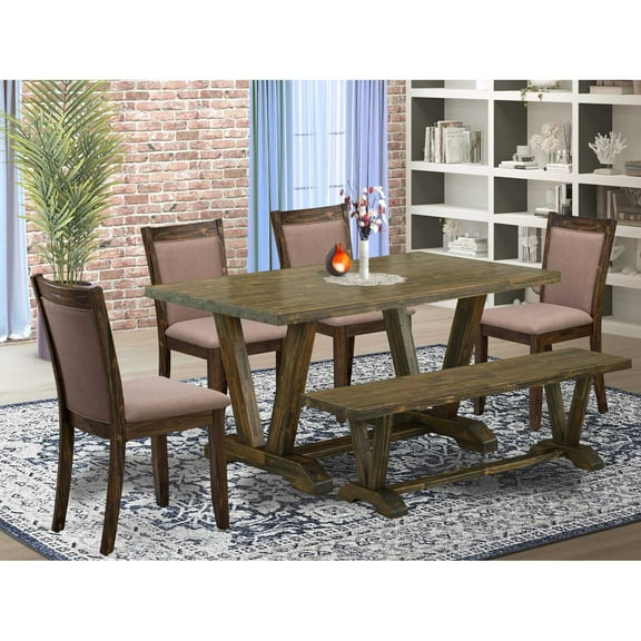 East West Furniture V776MZ748-6 - 6-Pc Dining Set - 4 Dining Chairs, a Dining Bench and 1 Modern Dining Table (Distressed Jacobean Finish)