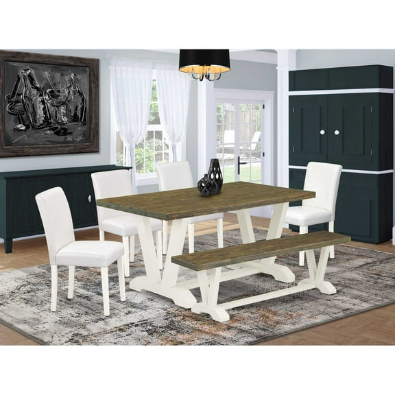 East West Furniture V076AB264-6 6-Piece Gorgeous Rectangular Table Set an Excellent Distressed Jacobean Wood Table Top and Distressed Jacobean Kitchen Bench and 4 Stunning Pu Leather Padded Chairs...