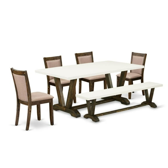 East West Furniture V727MZ716-6 6 Pc Table Set- A Kitchen Table in Trestle Base with Wood Bench and 4 parson chairs - Distressed Jacobean Finish