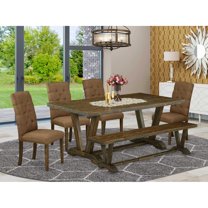 East West Furniture 6-Pc Wooden Dining Table Set-Brown Beige Linen Fabric Seat and Button Tufted Chair Back Parson Dining chairs, A Rectangular Bench and Rectangular Top Wood Kitchen Table with...