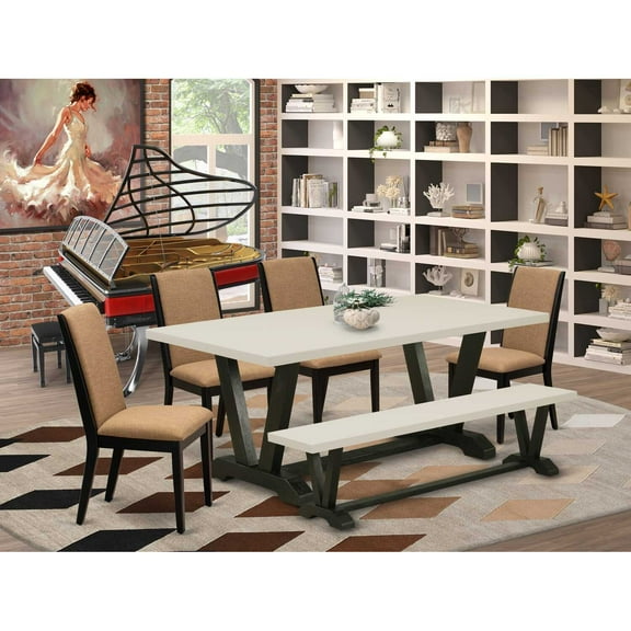 East West Furniture V627LA147-6 6-Piece Gorgeous Modern Dining Table Set an Outstanding Linen White Wood Dining Table Top and Linen White Bench and 4 Awesome Linen Fabric Padded Chairs with...