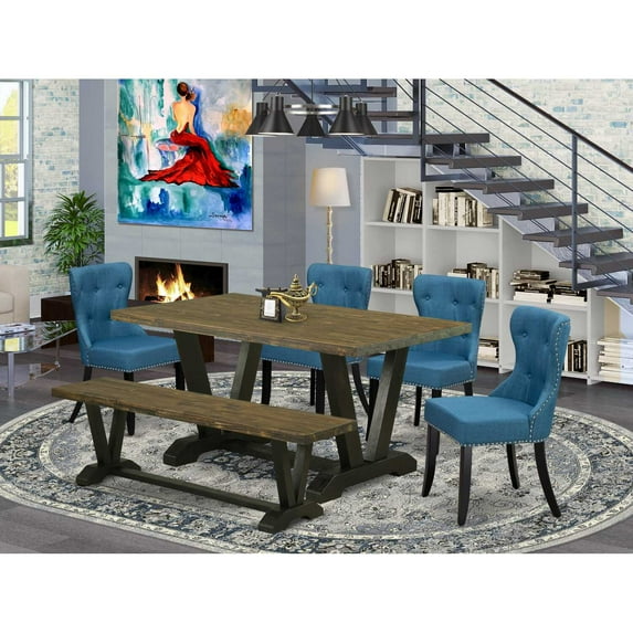 East West Furniture V676SI121-6 6-Piece Dining Table Set- 4 Parson Dining Room Chairs with Blue Linen Fabric Seat and Button Tufted Chair Back - Rectangular Top & Wooden Legs Wood Kitchen Table...