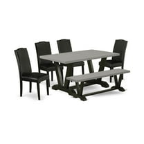 East West Furniture V-Style 6-piece Wood Dining Set in Black/Cement