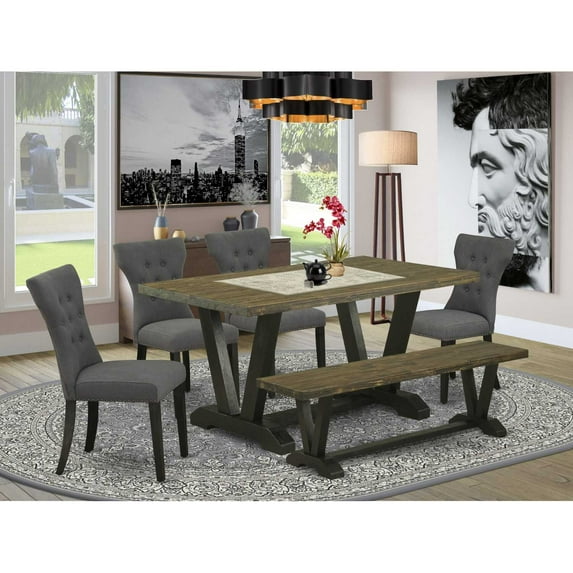 East West Furniture 6-Pc Dining Set-Dark Gotham Grey Linen Fabric Seat and Button Tufted Chair Back Parson Dining chairs, A Rectangular Bench and Rectangular Top dining room table with Hardwood...