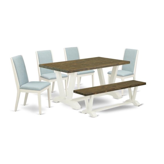 East West Furniture V-Style 6-piece Wood Dining Set in Jacobean Brown/Blue