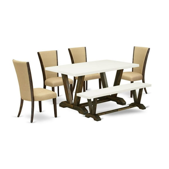 East West Furniture V726VE703-6 6 Piece Dining Room Table Set - 4 Brown Linen Fabric Dining Chair with Nailheads and Linen White Wood Table - 1 Dining Bench - Distressed Jacobean Finish