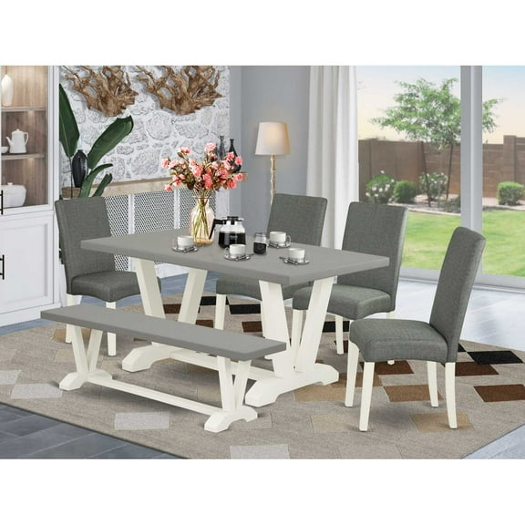 East West Furniture V-Style 6-piece Wood Dining Set in Linen White/Gray