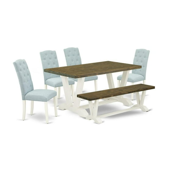 East West Furniture V076CE215-6 6-Piece Dining Room Set- 4 Kitchen Parson Chairs with Baby Blue Linen Fabric Seat and Button Tufted Chair Back - Rectangular Top & Wooden Legs Wood Dining Table and...