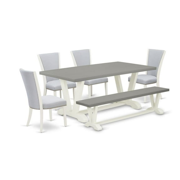 East West Furniture V097VE005-6 6 Piece Dinette Set - 4 Grey Linen Fabric Upholstered Dining Chair with Nailheads and Cement Dining Room Table - 1 Wooden Bench - Wire Brushed Linen White Finish