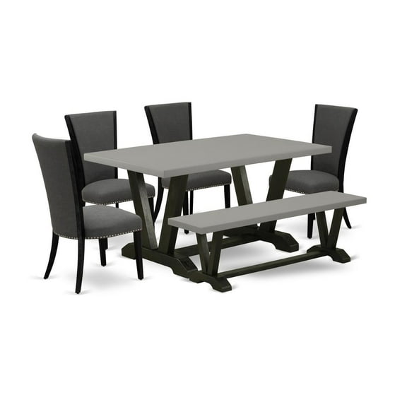 East West Furniture V696VE650-6 6 Piece Dining Room Set - 4 Dark Gotham Grey Linen Fabric Kitchen Chairs with Nailheads and Cement Wood Dining Table - 1 Mid Century Bench - Black Finish