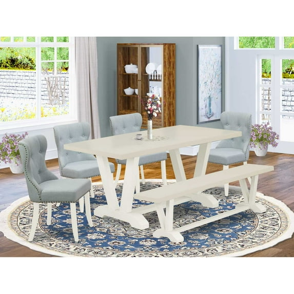 East West Furniture V-Style 6-piece Wood Dining Set with Fabric Seat in White