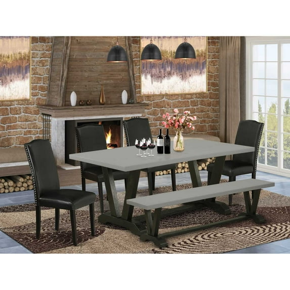 East West Furniture V697EN169-6 6-Pc Dinette Room Set - 4 Parson Chairs, a Dining Bench Cement Top and 1 Modern Cement Dining Room Table Top with High Chair Back - Wire Brushed Black Finish