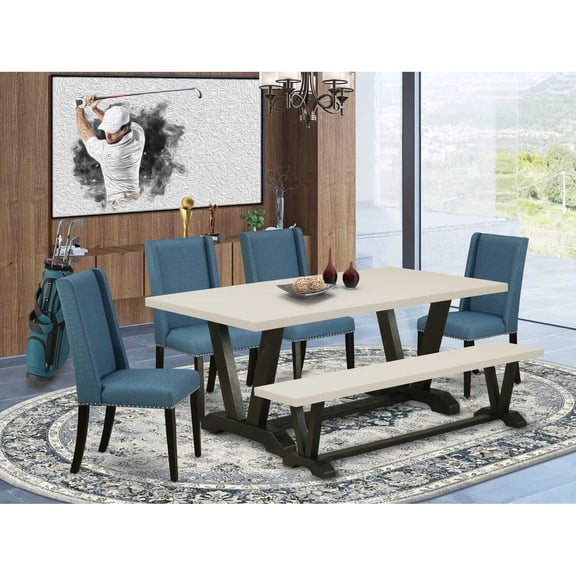 East West Furniture V627FL121-6 6-Piece Awesome Modern Dining Table Set an Outstanding Linen White Wood Table Top and Linen White Kitchen Bench and 4 Amazing Linen Fabric Dining Chairs with...