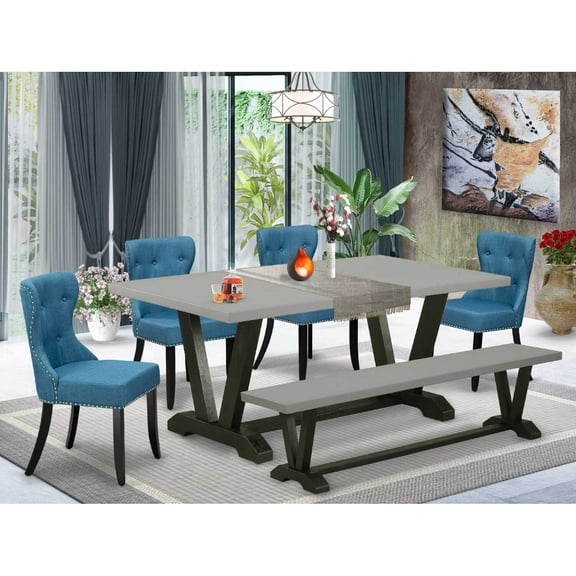 East West Furniture V697SI121-6 6-Piece Dining Table Set- 4 Mid Century Dining Chairs with Blue Linen Fabric Seat and Button Tufted Chair Back - Rectangular Top & Wooden Legs Kitchen Table and Dining