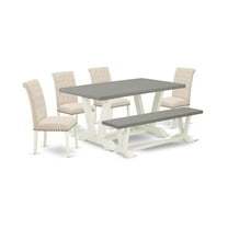 East West Furniture V-Style 6-piece Wood Dining Table Set in Linen White/Cement