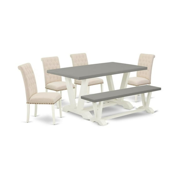East West Furniture V-Style 6-piece Wood Dining Table Set in Linen White/Cement