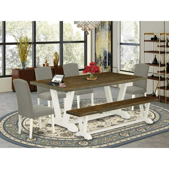 East West Furniture V077EN206-6 6-Piece Stylish Dining Set an Excellent Distressed Jacobean Kitchen Table Top and Distressed Jacobean Wooden Bench and 4 Attractive Linen Fabric Upholstered Dining...