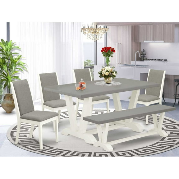 East West Furniture V-Style 6-piece Wood Dining Table Set in White/Shitake