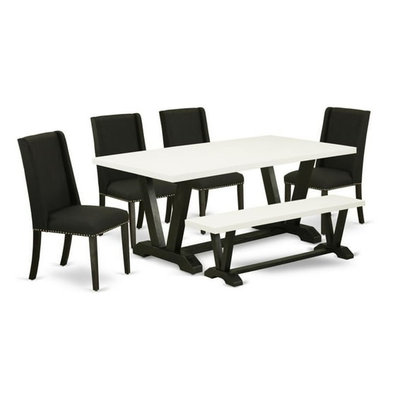 East West Furniture V-Style 6-piece Wood Dining Table Set in White and Black