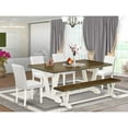 thumbnail image 1 of East West Furniture V077AB264-6 6-Piece Fashionable Dining Room Table Set a Superb Distressed Jacobean Kitchen Rectangular Table Top and Distressed Jacobean Wooden Bench Indoor and 4 Beautiful Pu..., 1 of 10