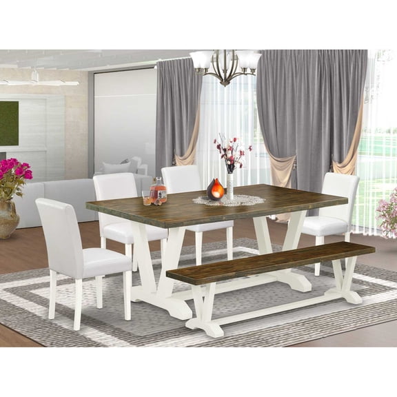East West Furniture V077AB264-6 6-Piece Fashionable Dining Room Table Set a Superb Distressed Jacobean Kitchen Rectangular Table Top and Distressed Jacobean Wooden Bench Indoor and 4 Beautiful Pu...