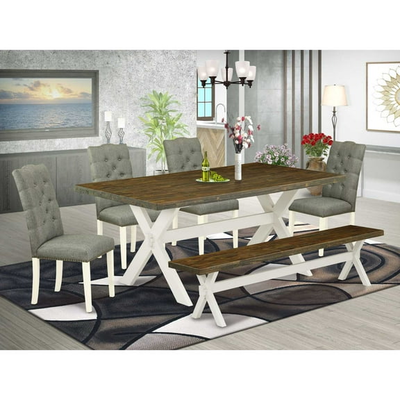 East West Furniture V077EL207-6 6-Pc Kitchen Dining Set- 4 Kitchen Chairs with Smoke Linen Fabric Seat and Button Tufted Chair Back - Rectangular Top & Wooden Legs Dining Room Table and Bench -...