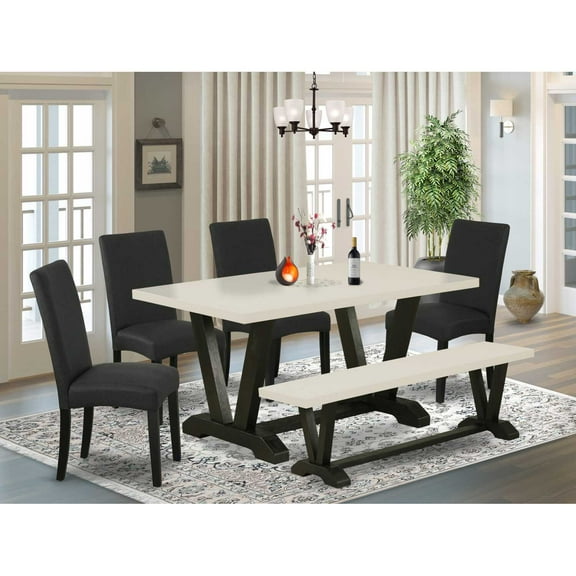 East West Furniture V626DR124-6 6-Pc Kitchen and Dining Room Set- 4 Dining Room Chairs with Black Linen Fabric Seat and Stylish Chair Back - Rectangular Top & Wooden Legs Dining Room table and dining