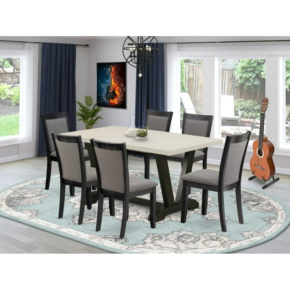 East West Furniture V626MZ650-7 7 Pc Table Set - Linen White Dinner Table with 6 Dark Gotham Grey Parson Chairs - Wire Brushed Black Finish