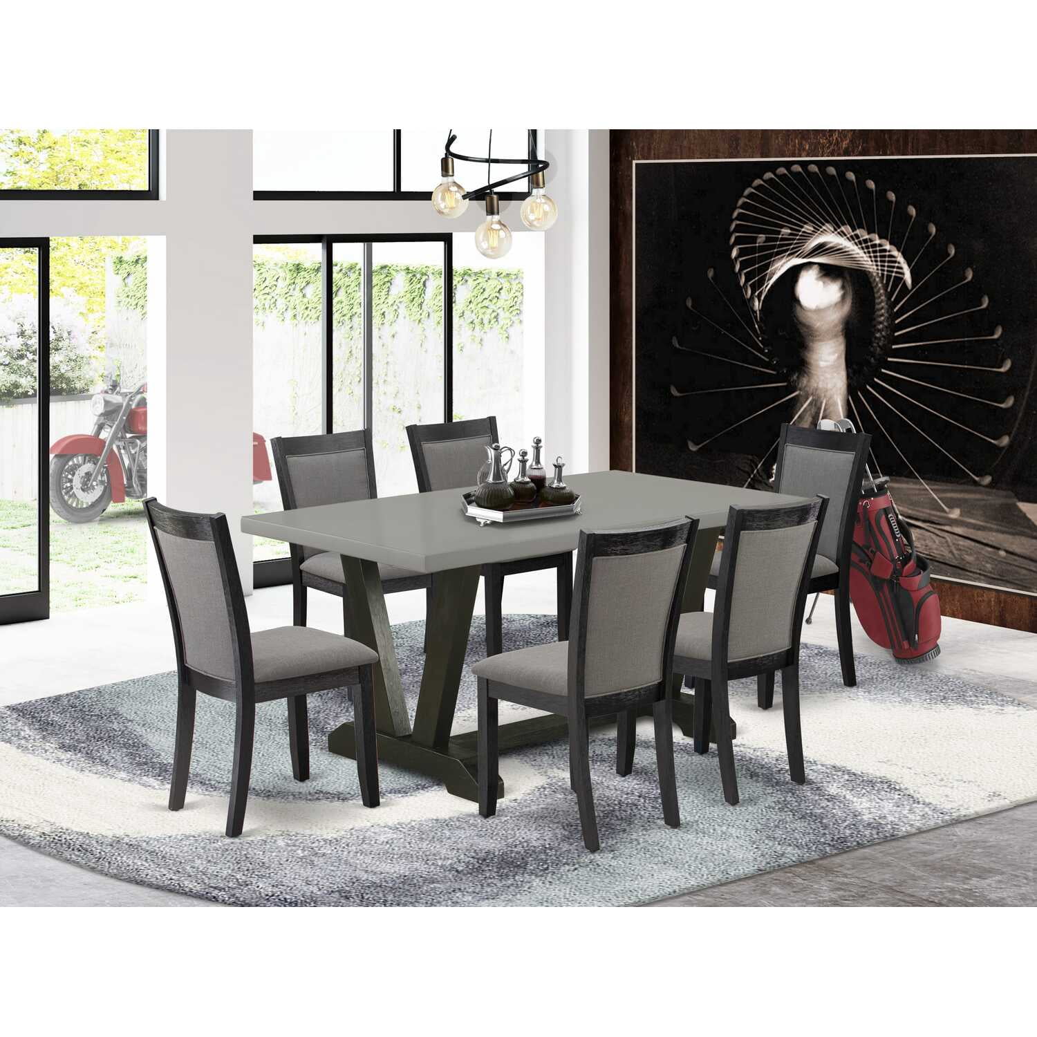 East West Furniture 7 Piece Mid Century Dining Set - A Cement Top Wood ...