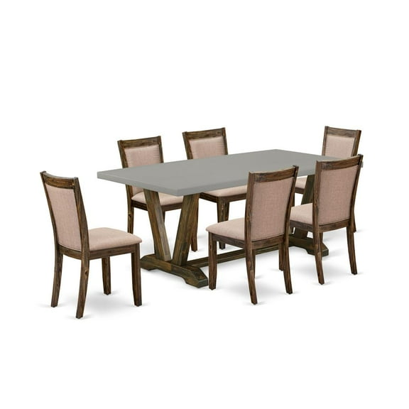 East West Furniture 7 Piece Contemporary Dinette Set - A Cement Top Dinner Table with Trestle Base and 6 Dark Khaki Linen Fabric Parson Chairs - Distressed Jacobean Finish