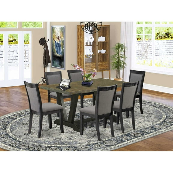 East West Furniture V676MZ650-7 7 Pc Dinette Set - Distressed Jacobean Table with 6 Dark Gotham Grey Linen Fabric Chairs - Wire Brushed Black Finish