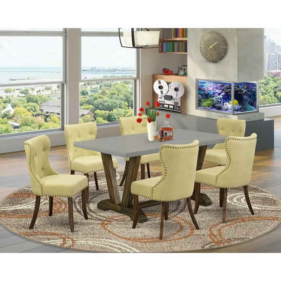 East West Furniture 7-Piece Table Dining Set-Limelight Linen Fabric Seat and Button Tufted Back Parson Chairs and Rectangular Top Living Room Table with Wood Legs - Cement and Distressed Jacobean...