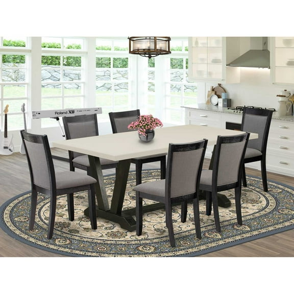 East West Furniture V627MZ650-7 7 Piece Kitchen Table Set - Linen White Dinner Table with 6 Dark Gotham Grey Dining Chairs - Wire Brushed Black Finish