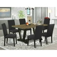 thumbnail image 1 of East West Furniture V676DR124-7 7-Piece Kitchen Dining Set- 6 Upholstered Dining Chairs with Black Linen Fabric Seat and Stylish Chair Back - Rectangular Table Top & Wooden Legs - Distressed Jacobean, 1 of 10
