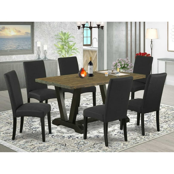 East West Furniture V676DR124-7 7-Piece Kitchen Dining Set- 6 Upholstered Dining Chairs with Black Linen Fabric Seat and Stylish Chair Back - Rectangular Table Top & Wooden Legs - Distressed Jacobean
