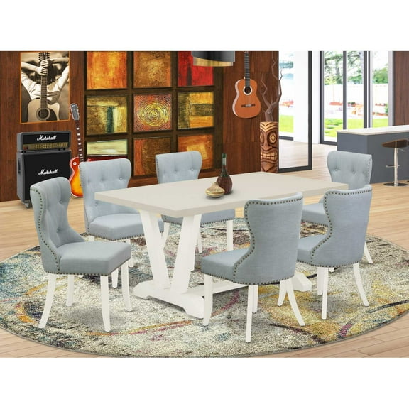 East West Furniture V026SI215-7 7-Pc Modern Dining Set- 6 Upholstered Dining Chairs with Baby Blue Linen Fabric Seat and Button Tufted Chair Back - Rectangular Table Top & Wooden Legs - Linen...