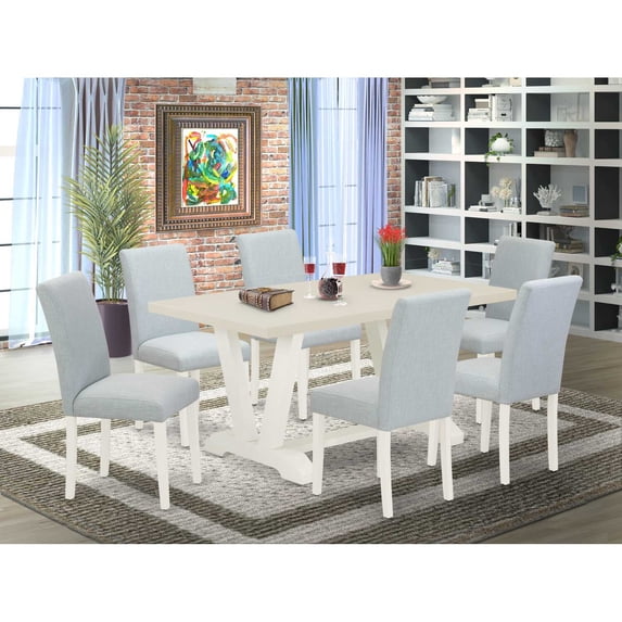 East West Furniture 7-Piece Dinette Set Includes 6 Modern Chairs with Upholstered Seat and High Back and a Rectangular Wooden Dining Table - Linen White Finish